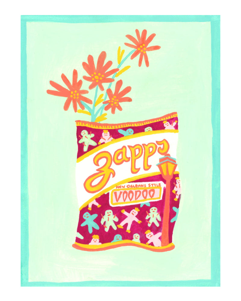 Zapps Voodoo Potato chip bag with flowers illustration by Cora Rose