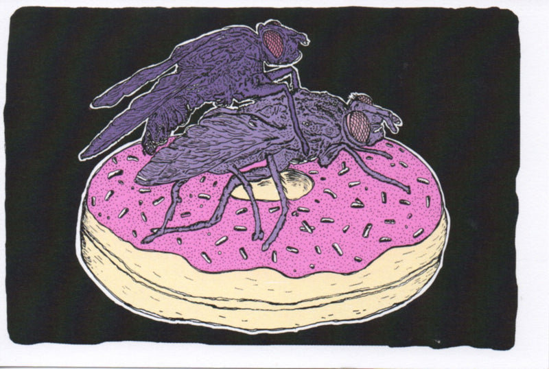 Two Flys making love on a pink doughnut. post card by screen print artist Kiernan Dunn