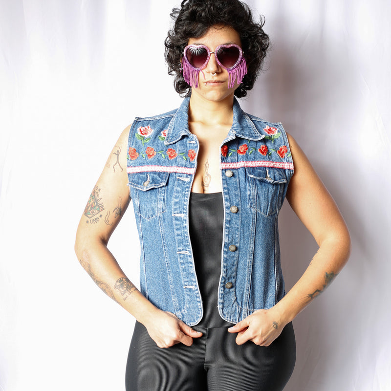 Stella G Collage Clothes Upcycled Jean Vest with Flower Imagery