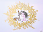 Figure with long black hair whispering into the ear of a deer, surrounded by a round gold leaf frame.